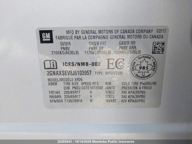 2GNAXSEV8J6103957 Chevrolet EQUINOX LT