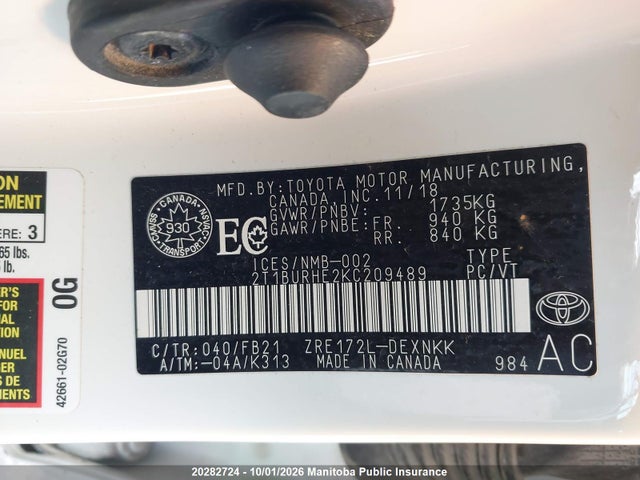 2T1BURHE2KC209489 Toyota COROLLA LE