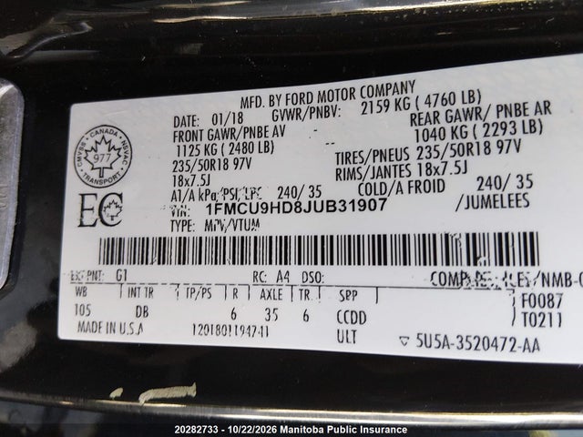 Ford ESCAPE SEL 2018 1FMCU9HD8JUB31907 Image 9
