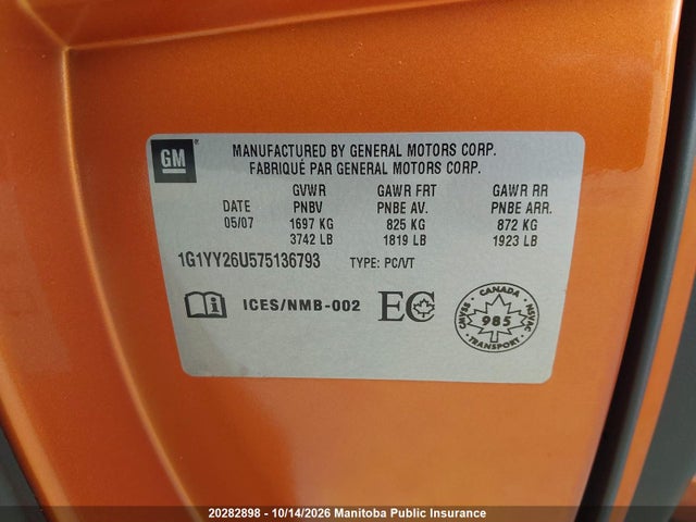 20282898 :رقم المزاد ، 1G1YY26U575136793 vin ، 2007 Chevrolet Corvette مزاد بيع