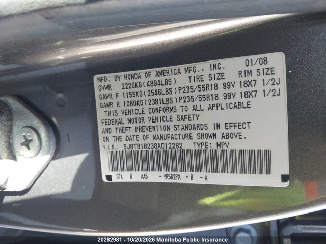 20282981 :رقم المزاد ، 5J8TB18238A012282 vin ، 2008 Acura Rdx مزاد بيع