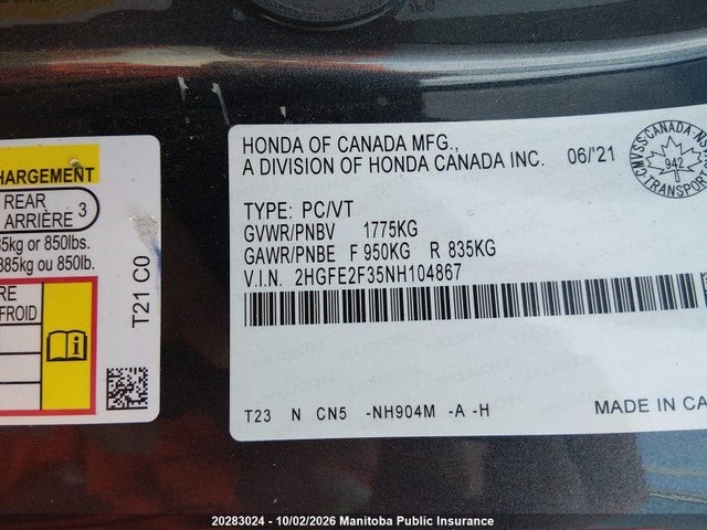 2HGFE2F35NH104867 Honda CIVIC EX