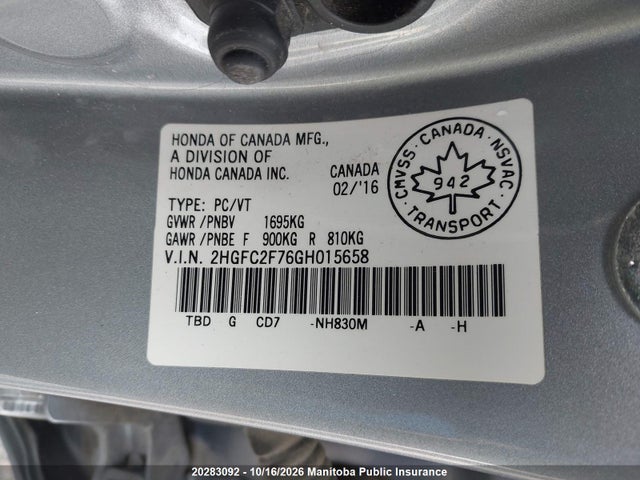 Honda CIVIC EX 2016 2HGFC2F76GH015658 Image 9