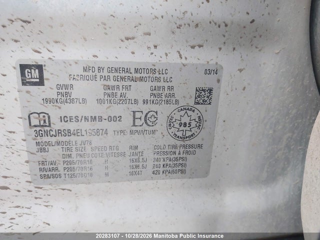 2014 Chevrolet Trax Lt მანქანა იყიდება აუქციონზე, vin: 3GNCJRSB4EL195874, აუქციონის ნომერი: 20283107