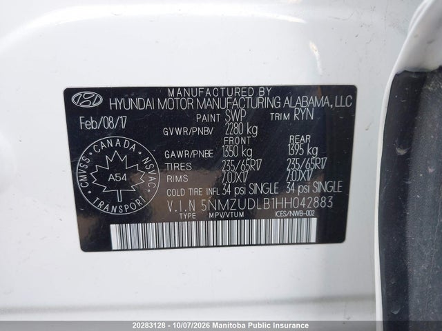 Auction sale of the 2017 Hyundai Santa Fe Sport, vin: 5NMZUDLB1HH042883, lot number: 20283128
