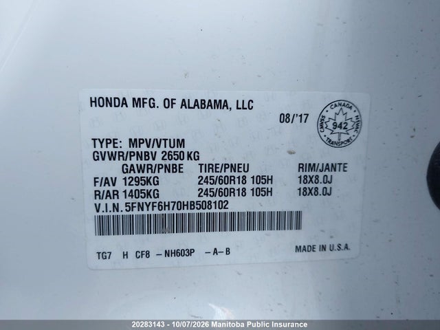 20283143 :رقم المزاد ، 5FNYF6H70HB508102 vin ، 2017 Honda Pilot Ex-l مزاد بيع