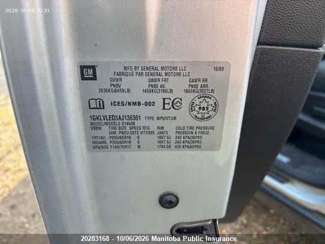 Продажа на аукционе авто 2010 Gmc Acadia Sle, vin: 1GKLVLED3AJ136361, номер лота: 20283168
