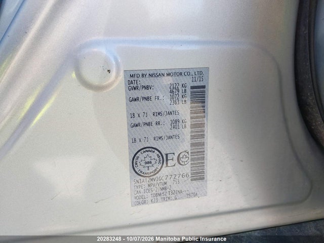 2016 Nissan Rogue Sl მანქანა იყიდება აუქციონზე, vin: 5N1AT2MV1GC772766, აუქციონის ნომერი: 20283248