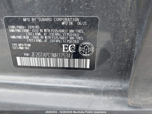 2021 Subaru Crosstrek Touring მანქანა იყიდება აუქციონზე, vin: JF2GTAPC9MH375342, აუქციონის ნომერი: 20283254