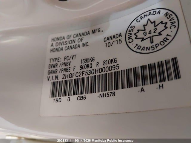 2HGFC2F53GH000095 Honda Civic Lx