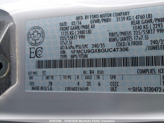 Ford ESCAPE SE 2016 1FMCU9GX8GUC47306 Image 9