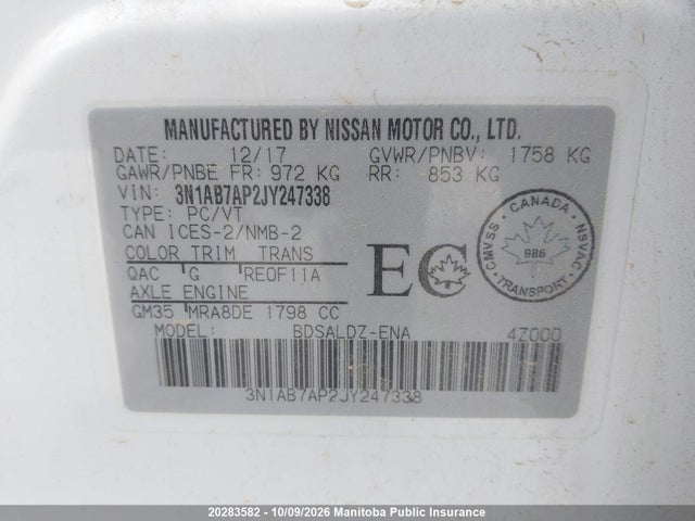 2018 Nissan Sentra 1.8 Sv მანქანა იყიდება აუქციონზე, vin: 3N1AB7AP2JY247338, აუქციონის ნომერი: 20283582