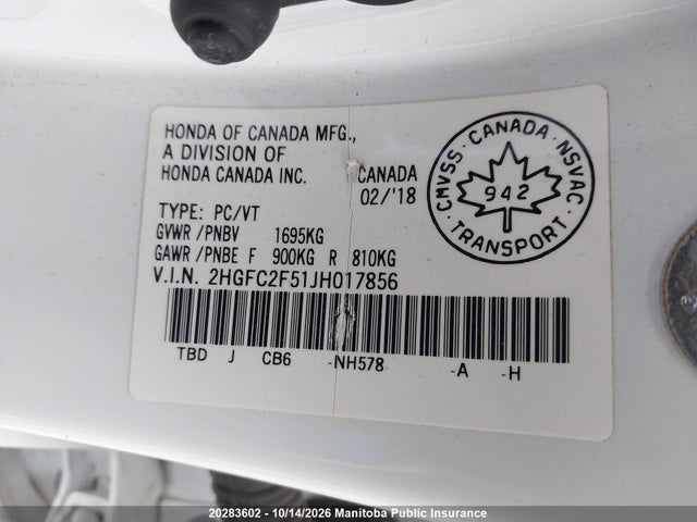 2HGFC2F51JH017856 Honda Civic Lx