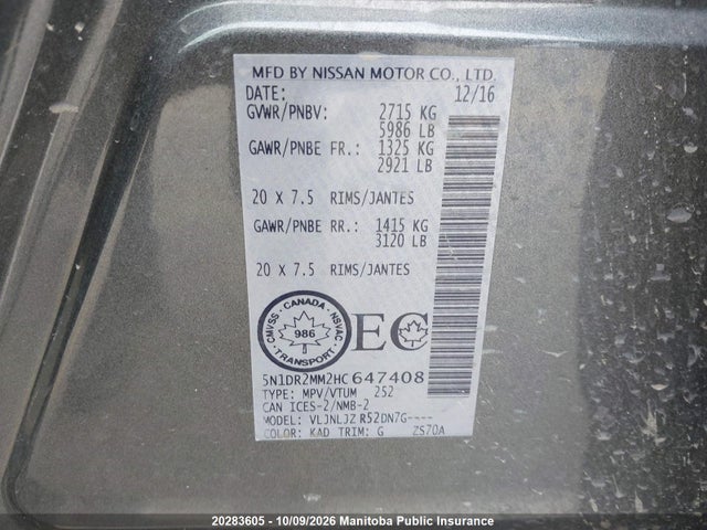 2017 Nissan Pathfinder Platinum მანქანა იყიდება აუქციონზე, vin: 5N1DR2MM2HC647408, აუქციონის ნომერი: 20283605