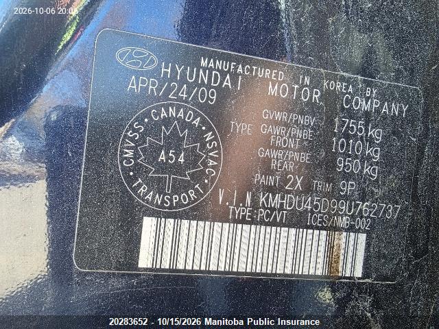 Aukcja sprzedaży 2009 Hyundai Elantra Gl, vin: KMHDU45D99U762737, numer aukcji: 20283652
