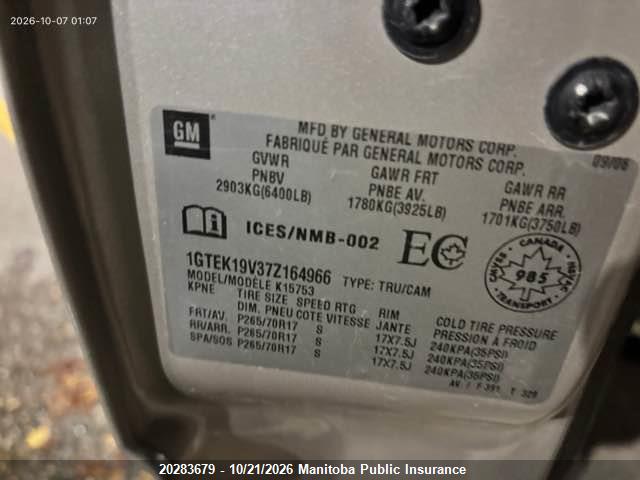 20283679 :رقم المزاد ، 1GTEK19V37Z164966 vin ، 2007 Gmc Sierra 1500 Ext Cab مزاد بيع