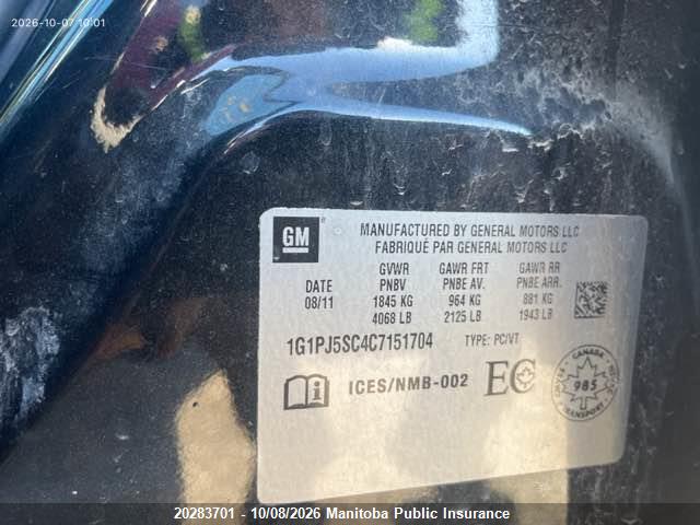Продаж на аукціоні авто 2012 Chevrolet Cruze Eco Turbo, vin: 1G1PJ5SC4C7151704, номер лоту: 20283701