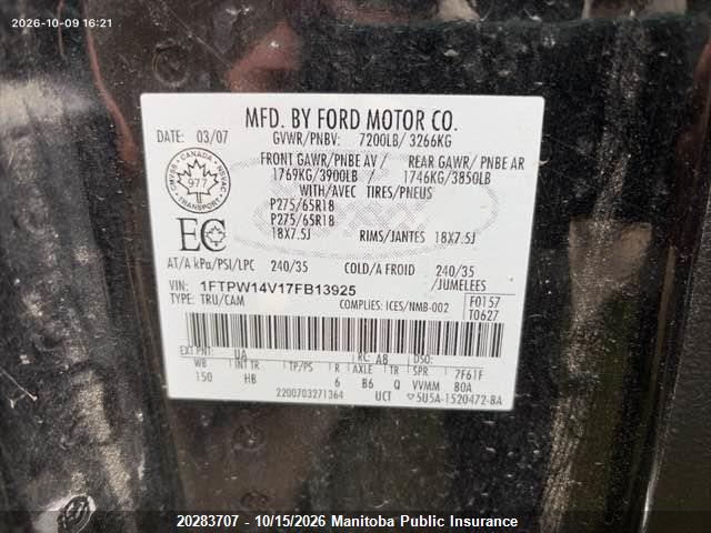 20283707 :رقم المزاد ، 1FTPW14V17FB13925 vin ، 2007 Ford F-series مزاد بيع