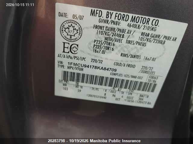 20283798 :رقم المزاد ، 1FMCU94178KA84709 vin ، 2008 Ford Escape Limited V6 مزاد بيع