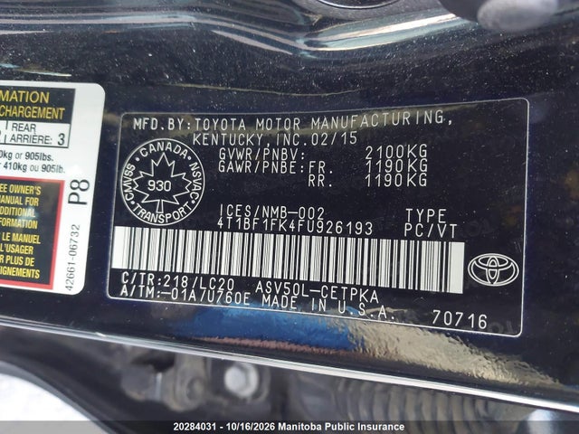 Toyota CAMRY XSE 2015 4T1BF1FK4FU926193 Image 8