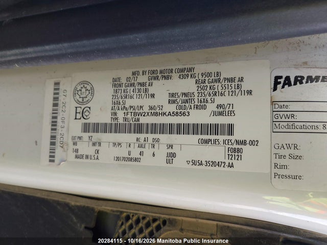 1FTBW2XM8HKA58563 Ford Transit 350 Wb 148 Cargo Van