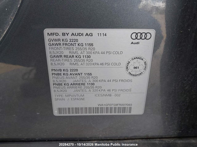 20284270 :رقم المزاد ، WA1GFEFS9FR007093 vin ، 2015 Audi Q3 مزاد بيع