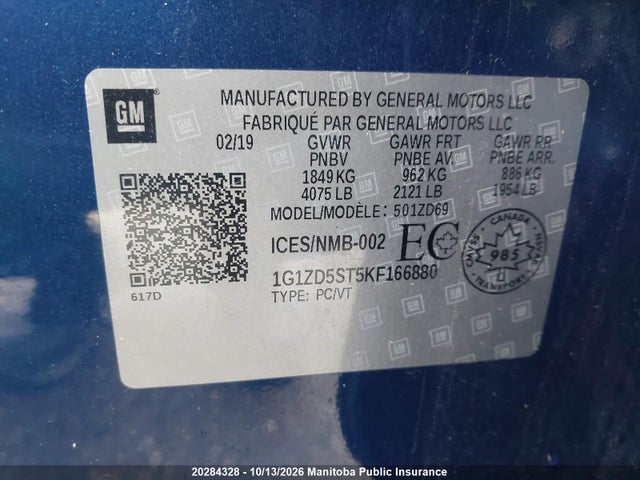 20284328 :رقم المزاد ، 1G1ZD5ST5KF166880 vin ، 2019 Chevrolet Malibu Lt مزاد بيع