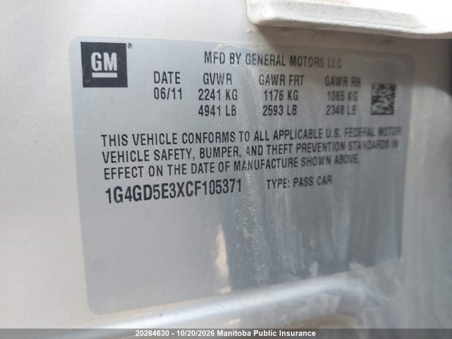 20284630 :رقم المزاد ، 1G4GD5E3XCF105371 vin ، 2012 Buick Lacrosse Cxl V6 مزاد بيع