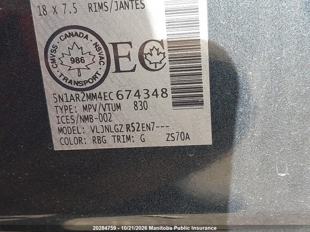 5N1AR2MM4EC674348 Nissan Pathfinder Sl