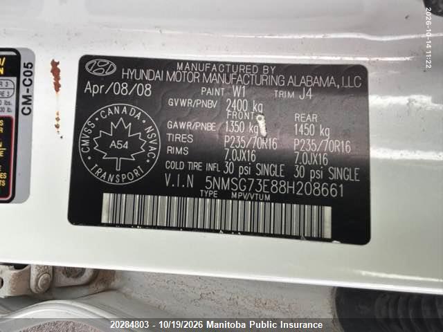 20284803 :رقم المزاد ، 5NMSG73E88H208661 vin ، 2008 Hyundai Santa Fe Gl مزاد بيع