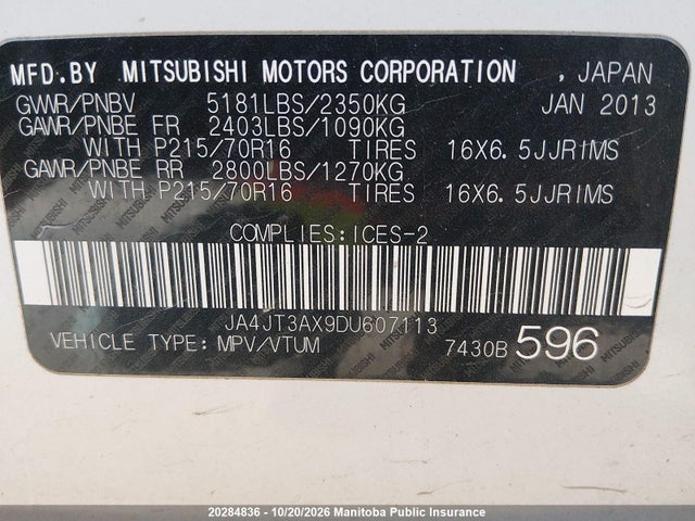 20284836 :رقم المزاد ، JA4JT3AX9DU607113 vin ، 2013 Mitsubishi Outlander Ls مزاد بيع