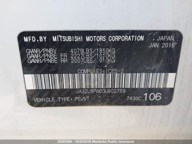 20285266 :رقم المزاد ، JA32U8FW0GU602759 vin ، 2016 Mitsubishi Lancer Gts مزاد بيع