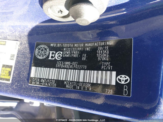 11370422 :رقم المزاد ، 5YFB4RBE8LP022770 vin ، 2020 Toyota Corolla مزاد بيع