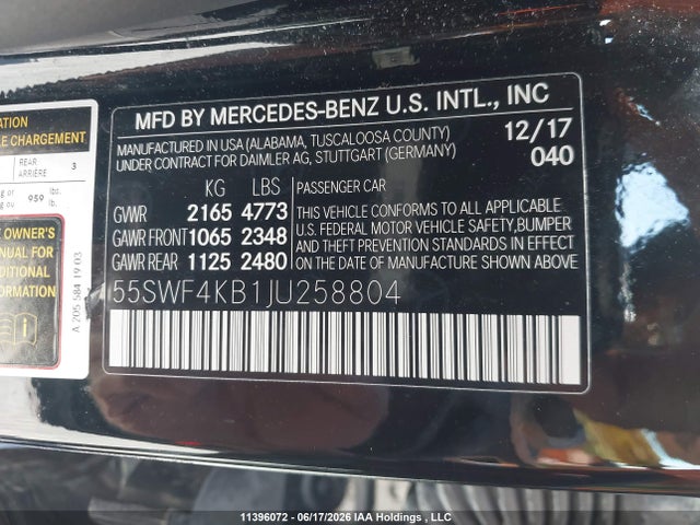 2018 Mercedes-benz C 300 4matic მანქანა იყიდება აუქციონზე, vin: 55SWF4KB1JU258804, აუქციონის ნომერი: 11396072