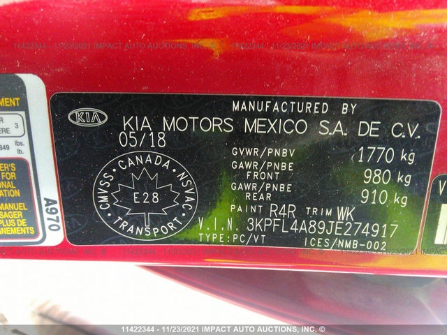 3KPFL4A89JE274917 KIA gdi nu