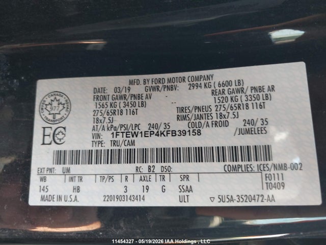 11454327 :رقم المزاد ، 1FTEW1EP4KFB39158 vin ، 2019 Ford F150 Supercrew مزاد بيع