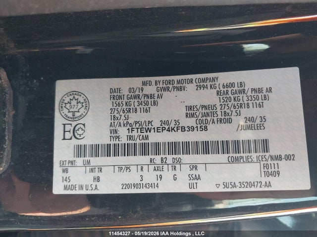 11454327 :رقم المزاد ، 1FTEW1EP4KFB39158 vin ، 2019 Ford F150 Supercrew مزاد بيع