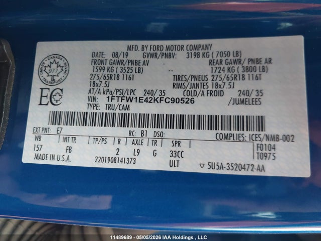 Продаж на аукціоні авто 2019 Ford F150 Supercrew, vin: 1FTFW1E42KFC90526, номер лоту: 11489689