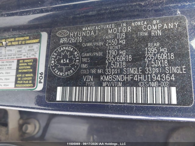 KM8SNDHF4HU194364 Hyundai Santa Fe Se/limited
