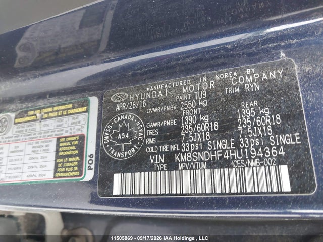 KM8SNDHF4HU194364 Hyundai Santa Fe Se/limited