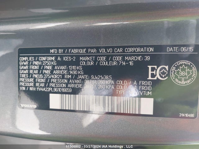 Продаж на аукціоні авто 2016 Volvo Xc90 T6, vin: YV4A22PL9G1016659, номер лоту: 11508802