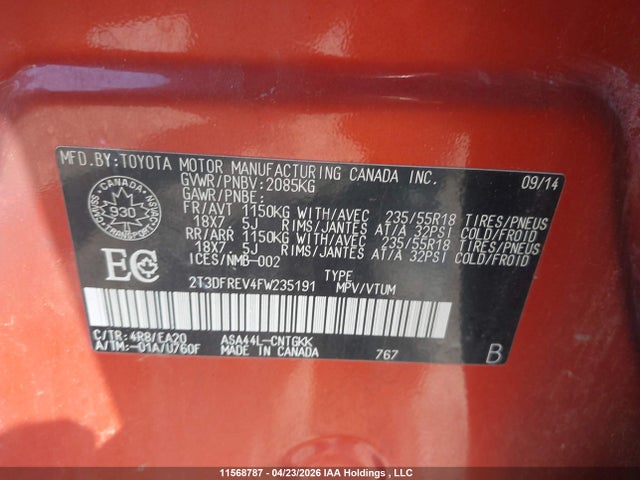 11568787 :رقم المزاد ، 2T3DFREV4FW235191 vin ، 2015 Toyota Rav4 Limited مزاد بيع