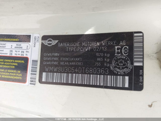 Продаж на аукціоні авто 2013 Mini Cooper, vin: WMWSU3C54DT680363, номер лоту: 11571746