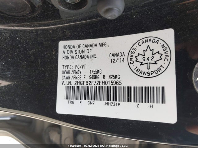 2015 Honda Civic Se მანქანა იყიდება აუქციონზე, vin: 2HGFB2F72FH015965, აუქციონის ნომერი: 11601504