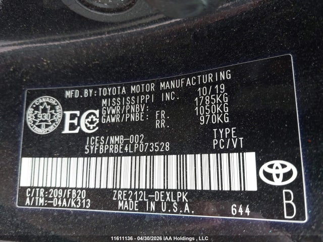 2020 Toyota Corolla Le მანქანა იყიდება აუქციონზე, vin: 5YFBPRBE4LP073528, აუქციონის ნომერი: 11611136
