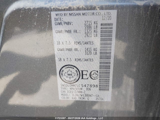 11723357 :رقم المزاد ، 5N1DL0MM7LC547898 vin ، 2020 Infiniti Qx60 Luxe/pure/special Edition مزاد بيع