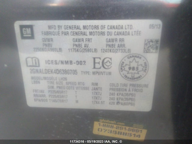 Продажа на аукционе авто 2013 Chevrolet Equinox Lt, vin: 2GNALDEK4D6380705, номер лота: 11734316