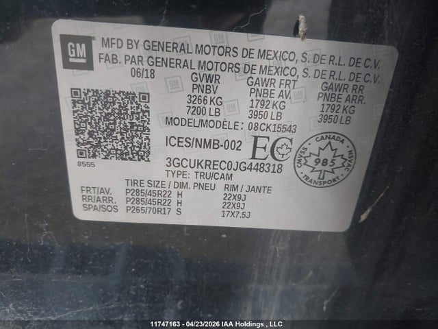 3GCUKREC0JG448318 Chevrolet Silverado K1500 Lt