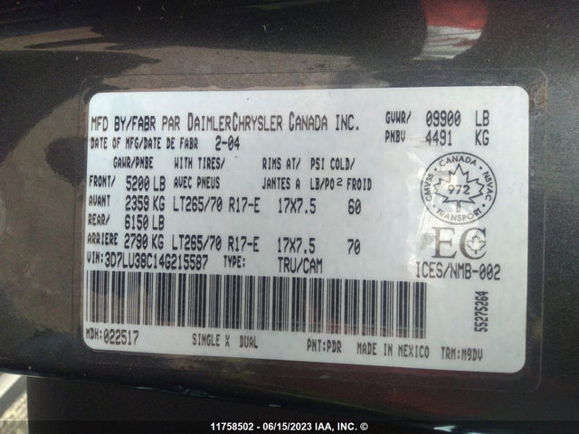 Продажа на аукционе авто 2004 Dodge Ram 3500 St/slt, vin: 3D7LU38C14G215587, номер лота: 11758502