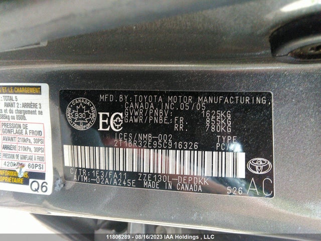 11806289 :رقم المزاد ، 2T1BR32E95C916326 vin ، 2005 Toyota Corolla Ce/sport/le مزاد بيع